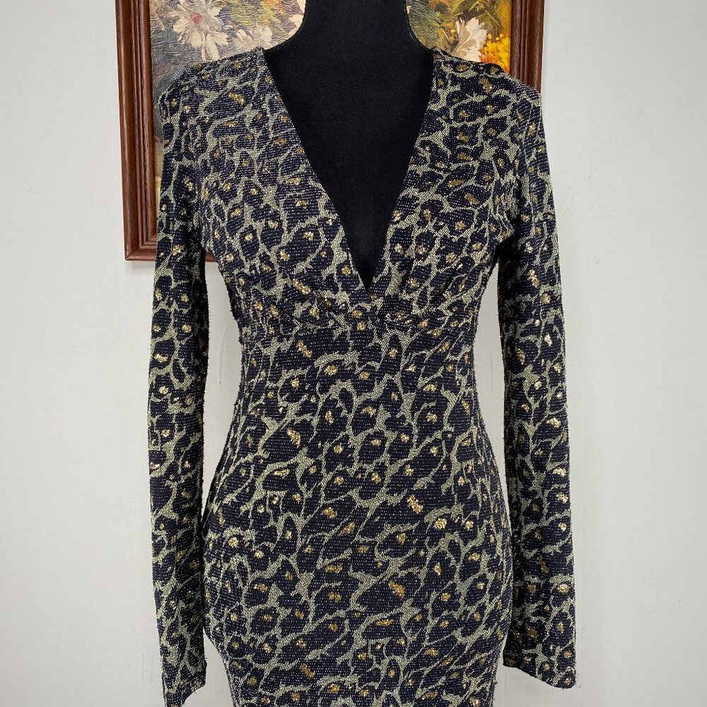 Love Song Bodycon Dress Women's Medium V-neck Backless Gold Black Leopard Club
